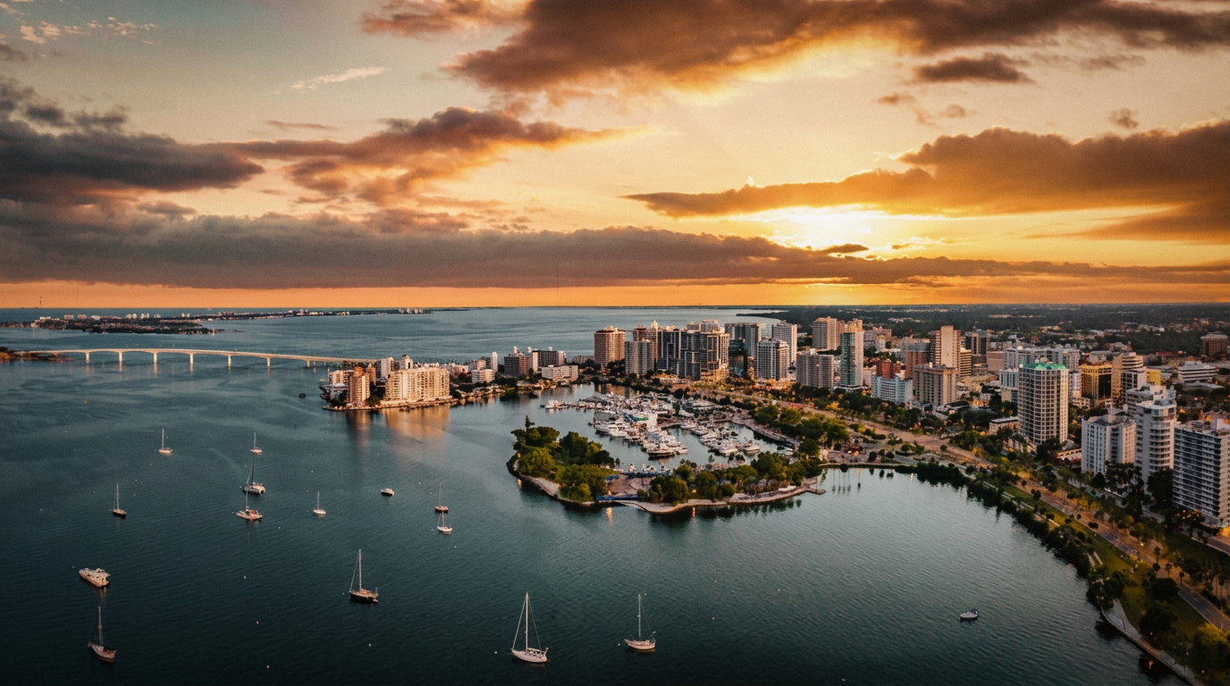 Aerial view of downtown Sarasota at sunset