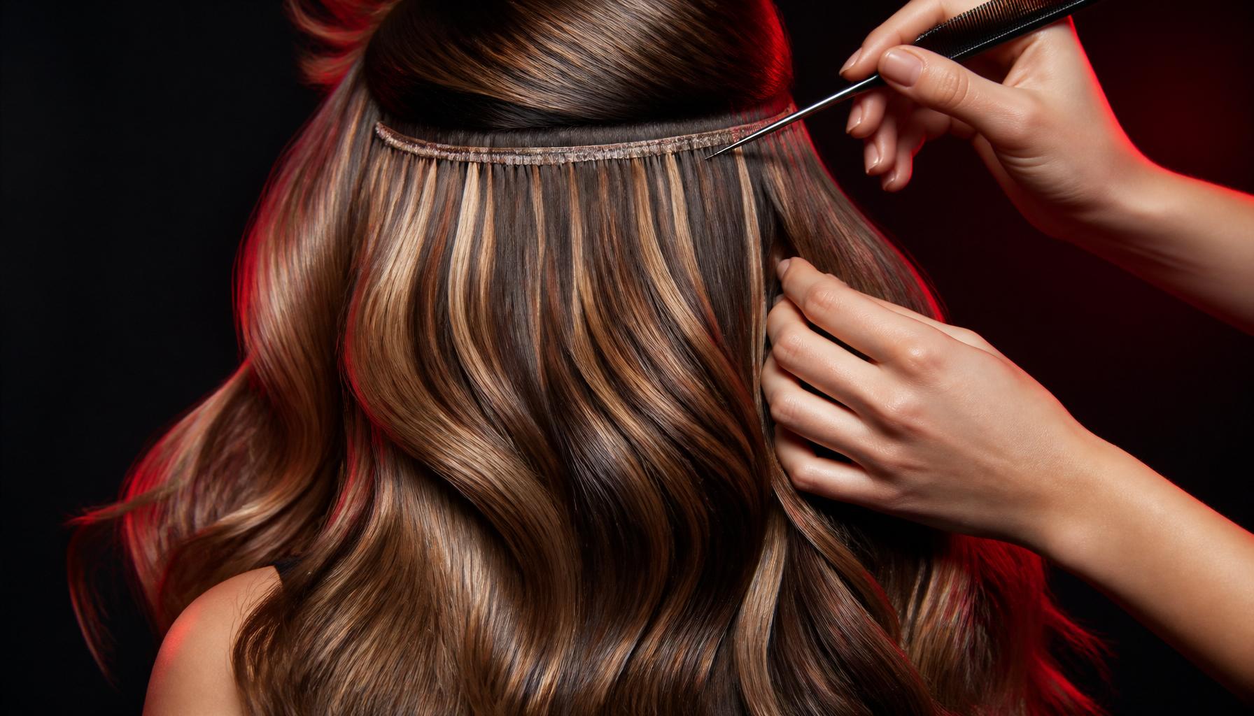 Hand-tied hair extension weft being blended into dimensional wavy hair