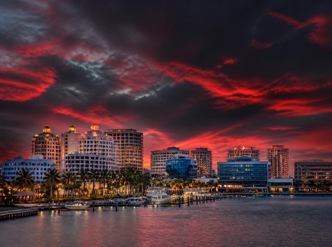Downtown Sarasota bayfront skyline at dusk
